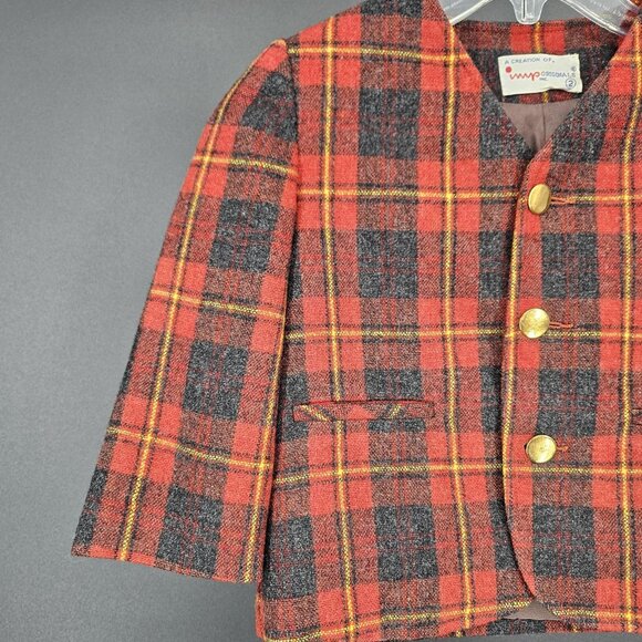 Vintage 2pc Jacket Romper Toddler Boys 2T/3T Red Plaid Gold Buttons Holiday - Picture 10 of 16